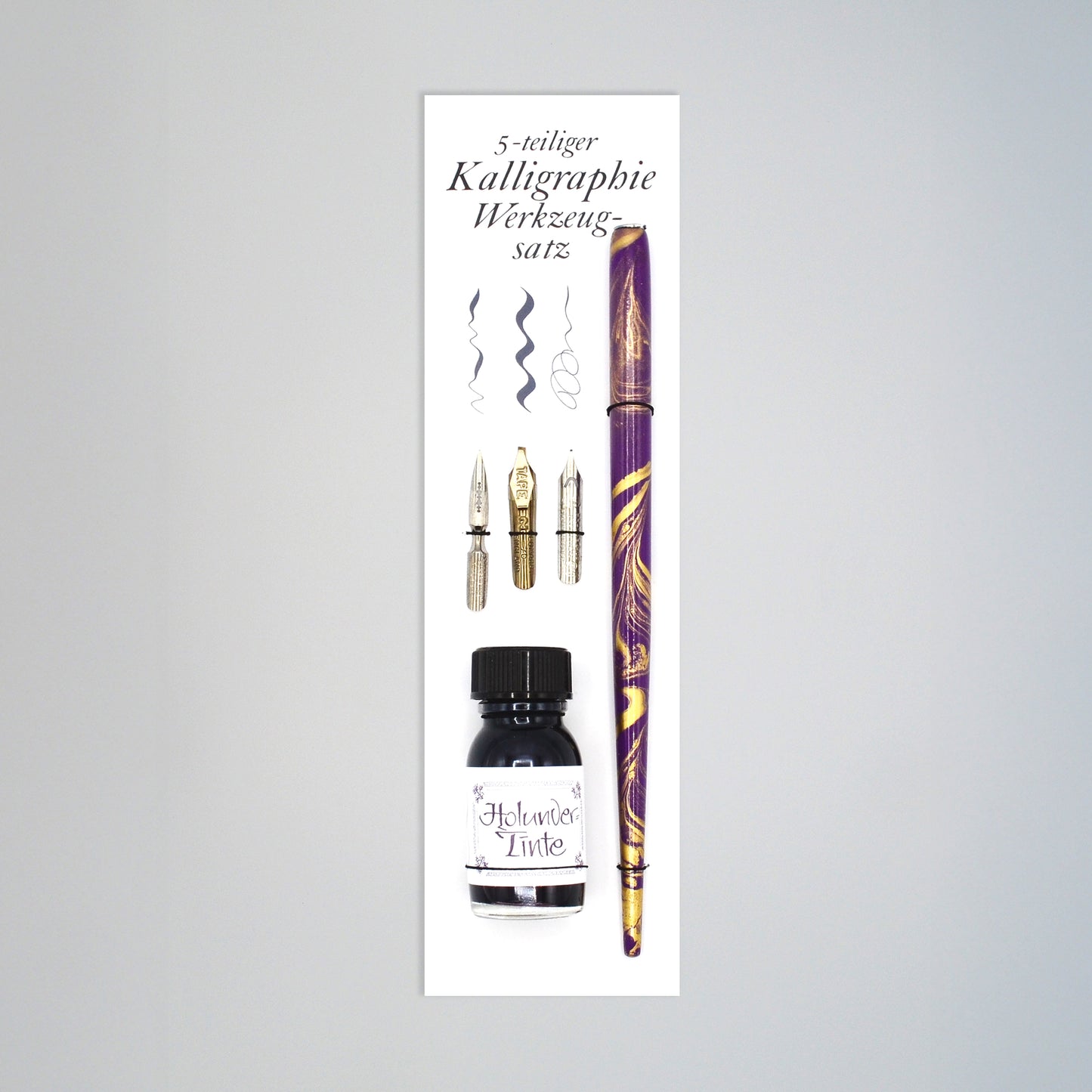 5-teiliges Kalligrafie-Set Holunder, Tintenflasche, marmorierter Federhalter, je eine Bandzugfeder, Spitzfeder, Pfannenfeder, auf Karte mit innseitiger Anleitung
