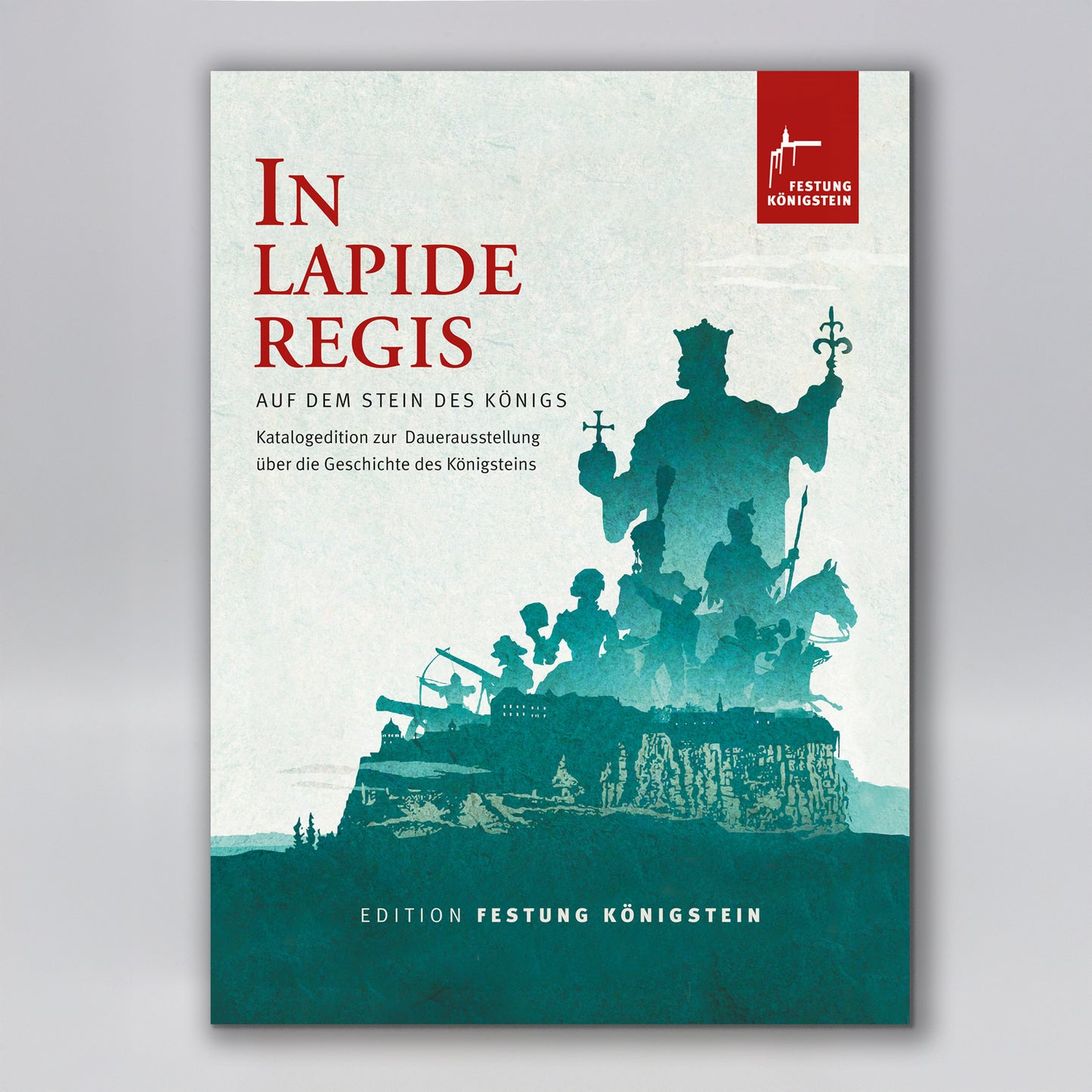 Ausstellungskatalog IN LAPIDE REGIS Auf dem Stein des Königs, Einband mit geschichtlichen Schatten welche ineinander greifen, begleitend zur Dauerausstellung