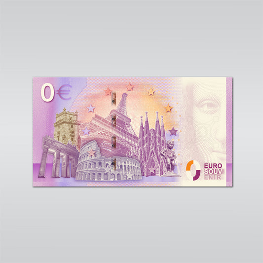 0-Euro Schein, Design des 500 Scheins,
hinten: verschiedene Sehenswürdigkeiten der Welt