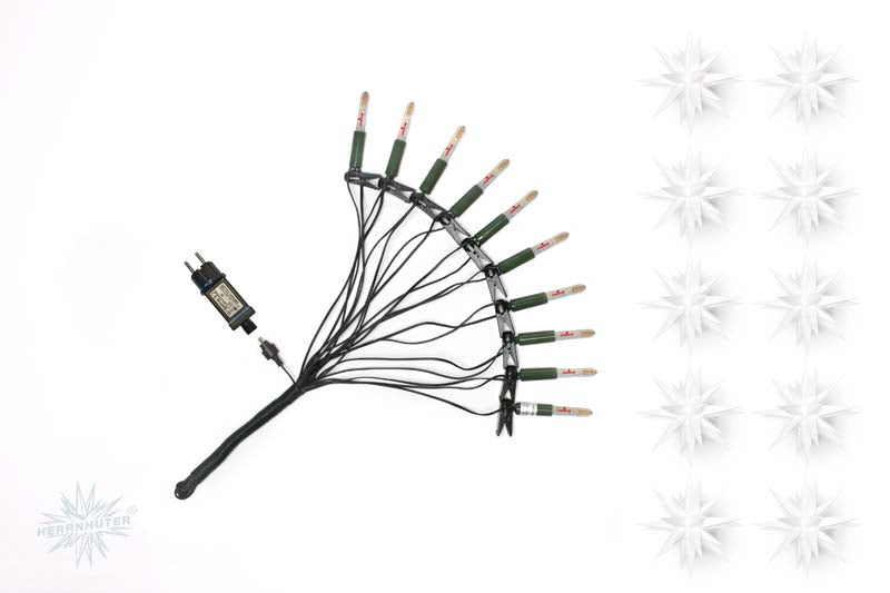 Herrnhuter Lichterkette, 10 Lampen mit 10 Sternen aus Kunststoff (13 cm) zum aufstecken, weiß
