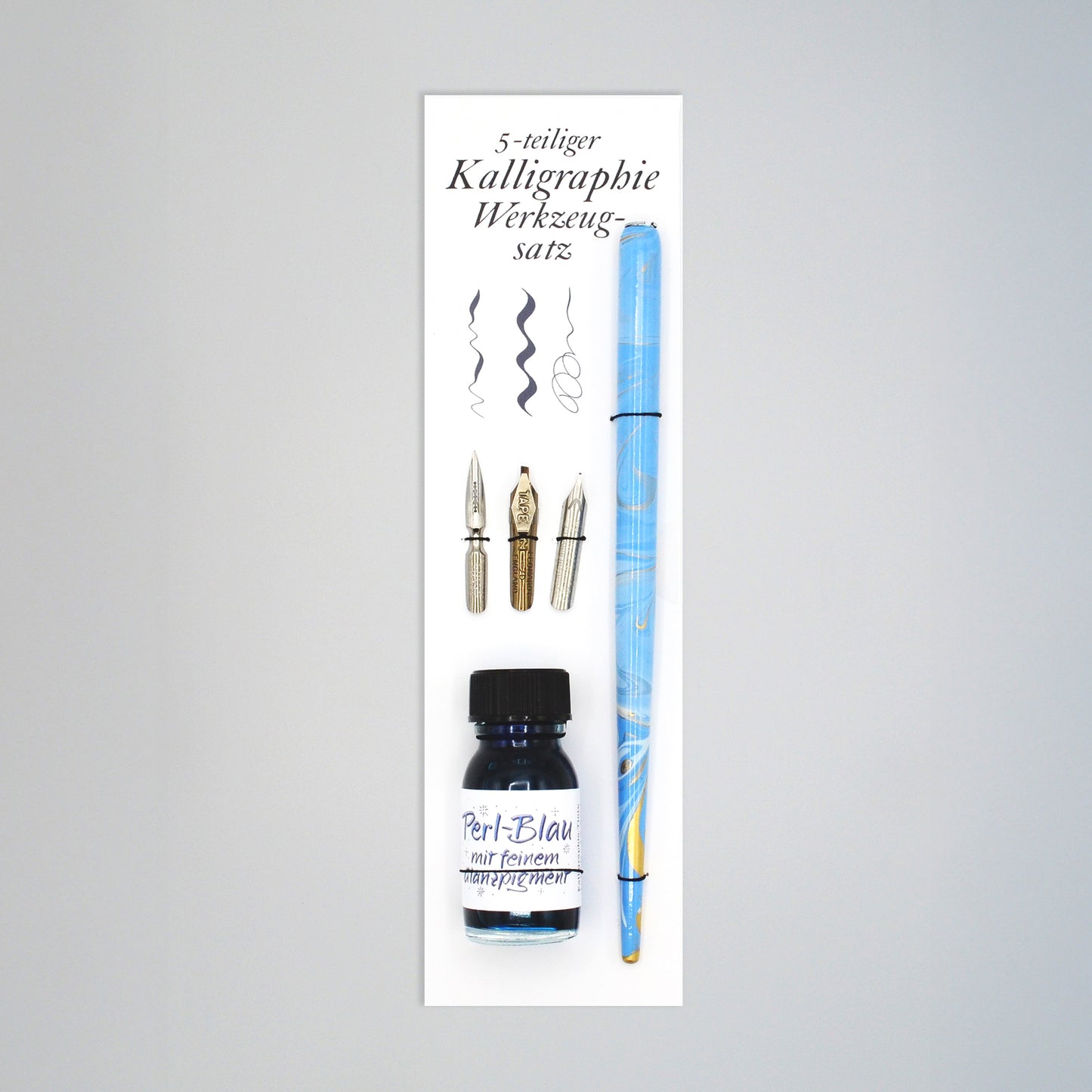 5-teiliges Kalligrafie-Set Perl-Blau mit Glanz, Tintenflasche,  marmorierter Federhalter, je eine Bandzugfeder, Spitzfeder, Pfannenfeder, auf Karte mit innseitiger Anleitung