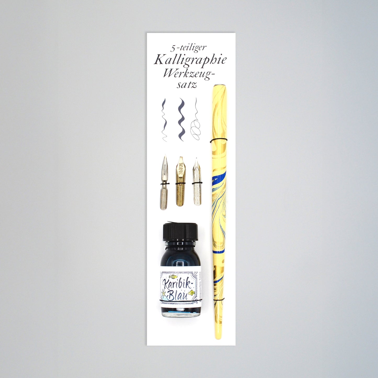 5-teiliges Kalligrafie-Set Karibik-Blau, Tintenflasche,  marmorierter Federhalter, je eine Bandzugfeder, Spitzfeder, Pfannenfeder, auf Karte mit innseitiger Anleitung