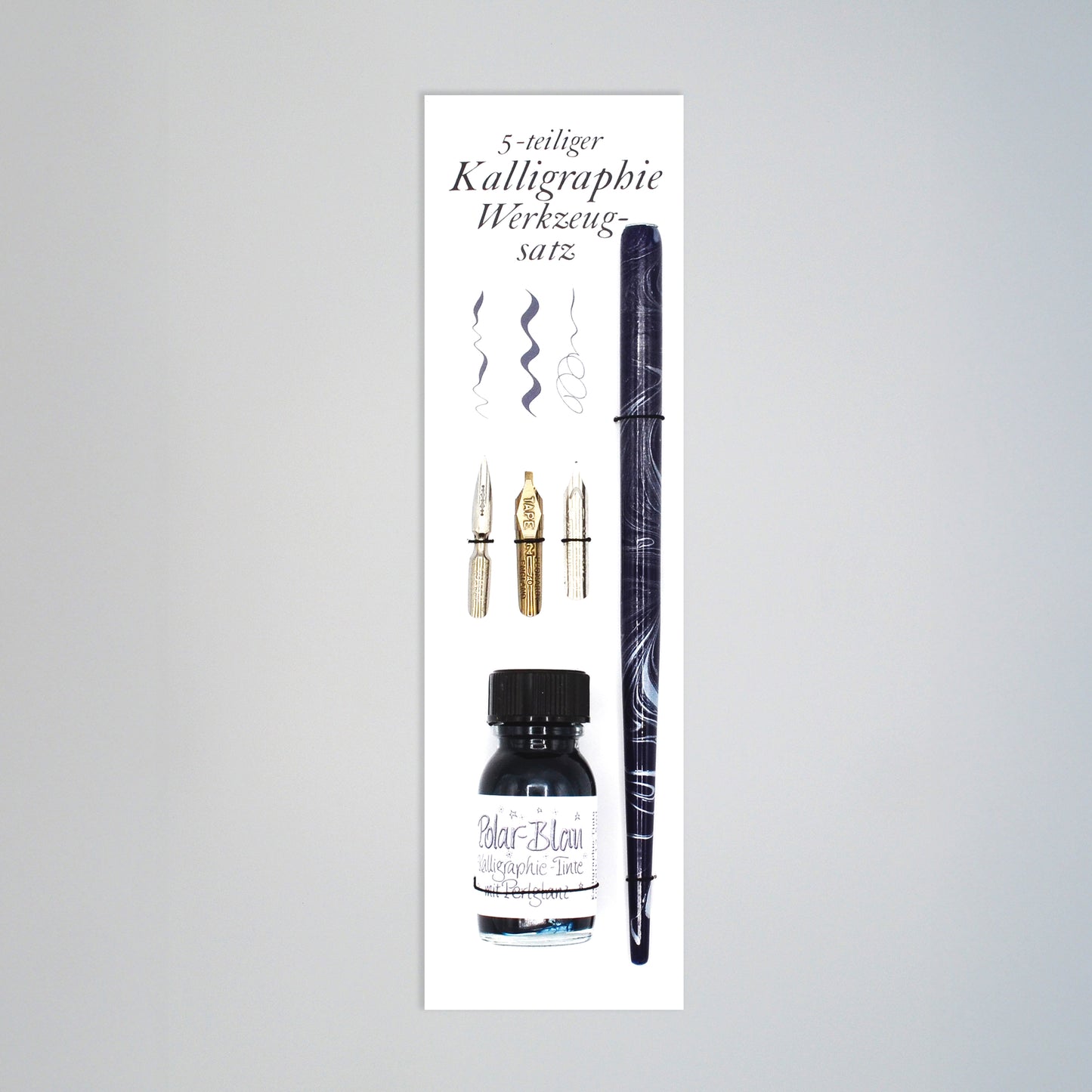 5-teiliges Kalligrafie-Set Polar-Blau mit Glanz, Tintenflasche,  marmorierter Federhalter, je eine Bandzugfeder, Spitzfeder, Pfannenfeder, auf Karte mit innseitiger Anleitung