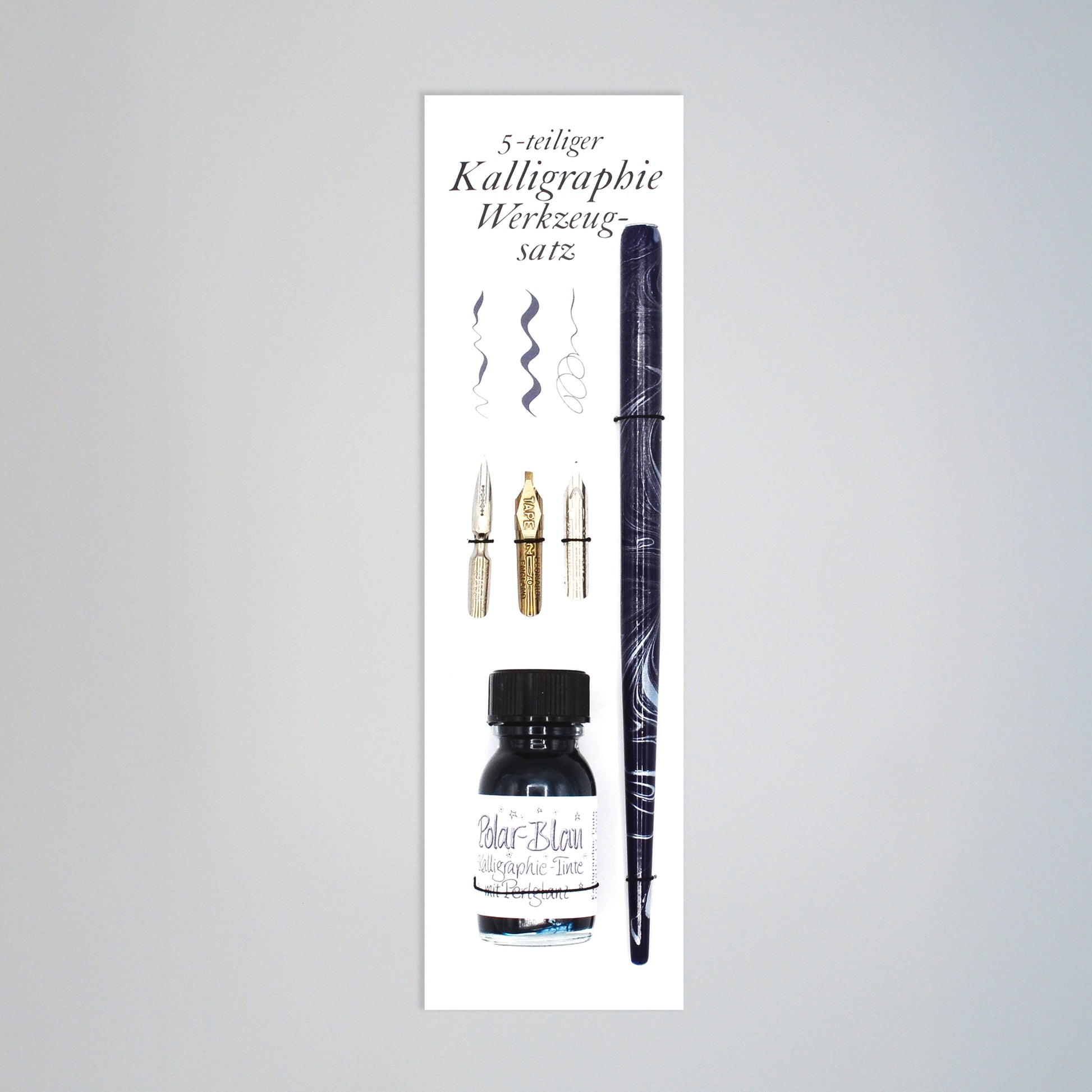5-teiliges Kalligrafie-Set Polar-Blau mit Glanz, Tintenflasche,  marmorierter Federhalter, je eine Bandzugfeder, Spitzfeder, Pfannenfeder, auf Karte mit innseitiger Anleitung