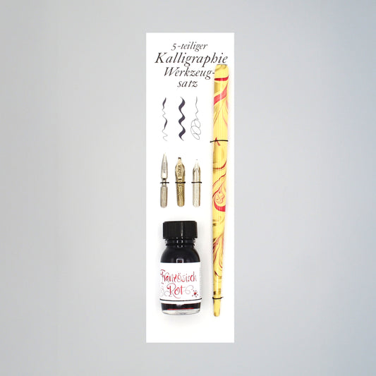 5-teiliges Kalligrafie-Set Französisch Rot, Tintenflasche,  marmorierter Federhalter, je eine Bandzugfeder, Spitzfeder, Pfannenfeder, auf Karte mit innseitiger Anleitung
