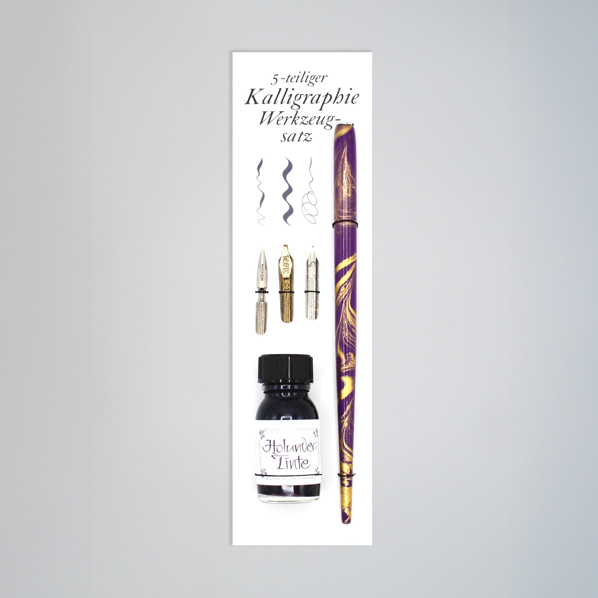 5-teiliges Kalligrafie-Set Holunder, Tintenflasche,  marmorierter Federhalter, je eine Bandzugfeder, Spitzfeder, Pfannenfeder, auf Karte mit innseitiger Anleitung
