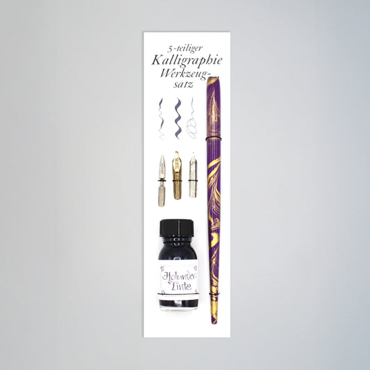 5-teiliges Kalligrafie-Set Holunder, Tintenflasche,  marmorierter Federhalter, je eine Bandzugfeder, Spitzfeder, Pfannenfeder, auf Karte mit innseitiger Anleitung