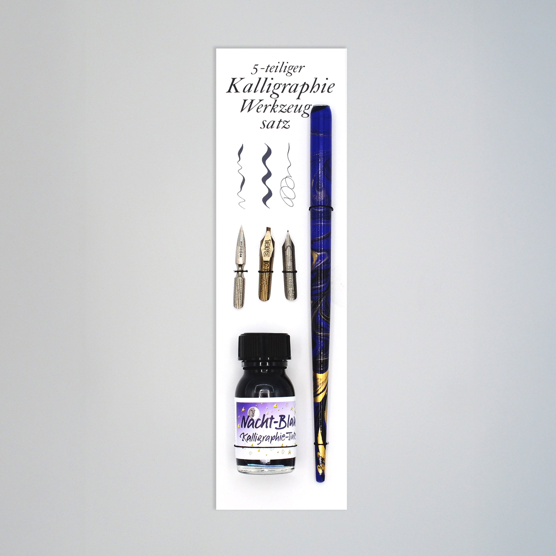 5-teiliges Kalligrafie-Set Nacht-Blau, Tintenflasche,  marmorierter Federhalter, je eine Bandzugfeder, Spitzfeder, Pfannenfeder, auf Karte mit innseitiger Anleitung