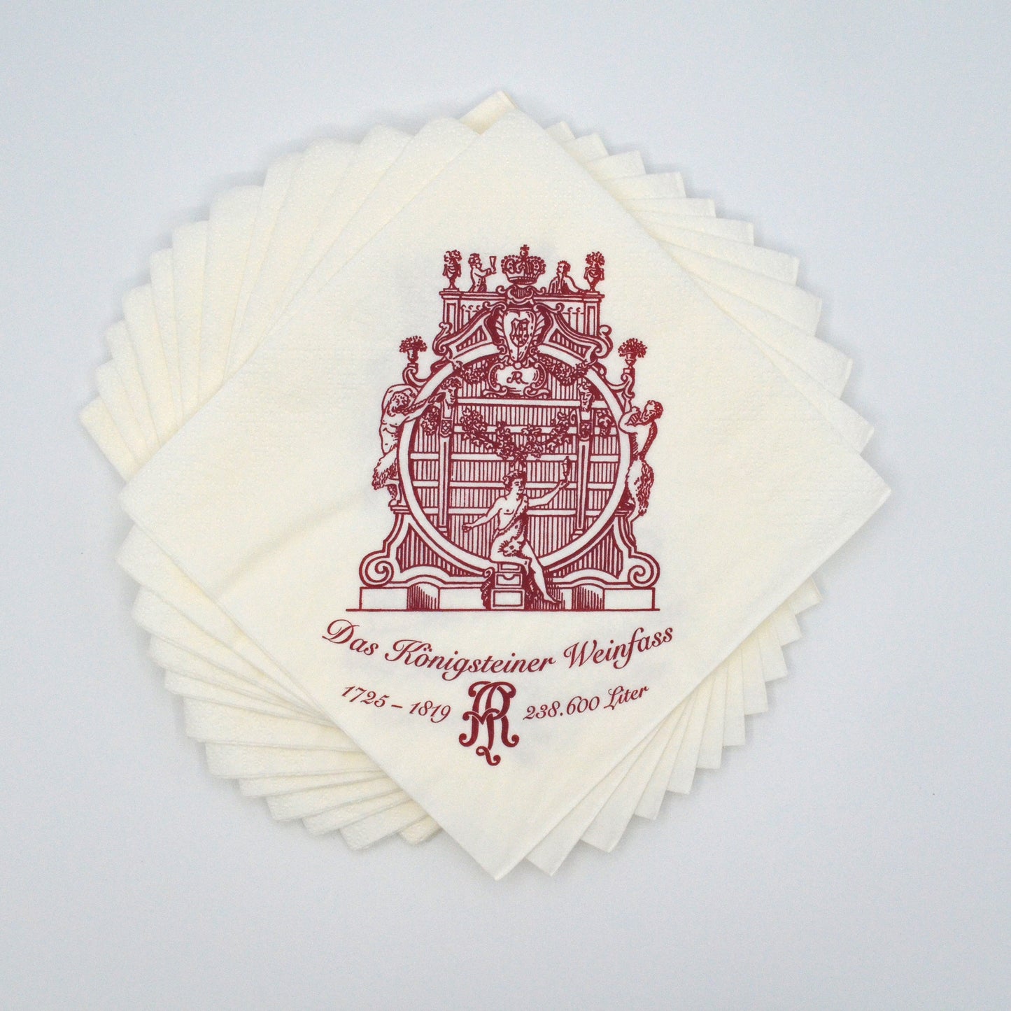 Serviette weiß, in Weinrot Vorderansicht des Riesenweinfasses,
darunter geschrieben: Das Königsteiner Weinfass, 1725-1819 238.600 Liter