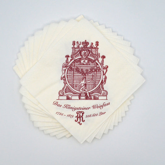 Serviette weiß, in Weinrot Vorderansicht des Riesenweinfasses,
darunter geschrieben: Das Königsteiner Weinfass, 1725-1819 238.600 Liter