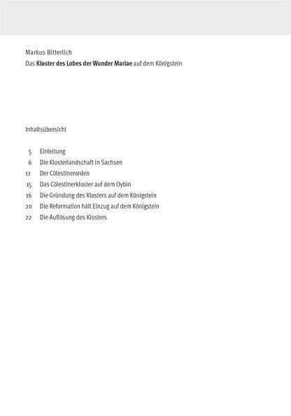 Begleitheft zur Sonderausstellung 2016: Das Kloster des Lobes der Wunder auf dem Königstein, Inhaltsverzeichnis