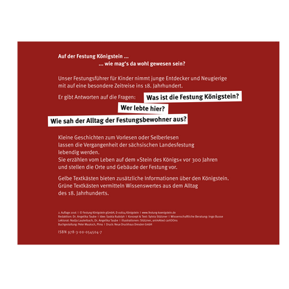 Rückseite des Kinderführers, kurze Beschreibung was darin zu finden ist, rot mit weißer Schrift