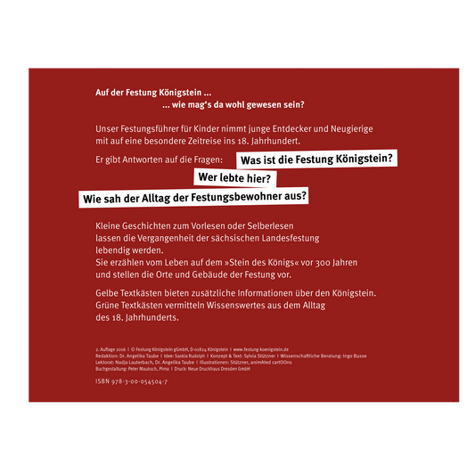 Rückseite des Kinderführers, kurze Beschreibung was darin zu finden ist, rot mit weißer Schrift