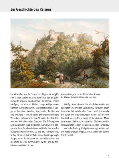 Begleitheft zur Sonderausstellung 2020: Hohe Gäste auf sachsens schönster Feste, historisches Bild mit Reisenden vor der Festung Königstein mit Geschichte des Reisens