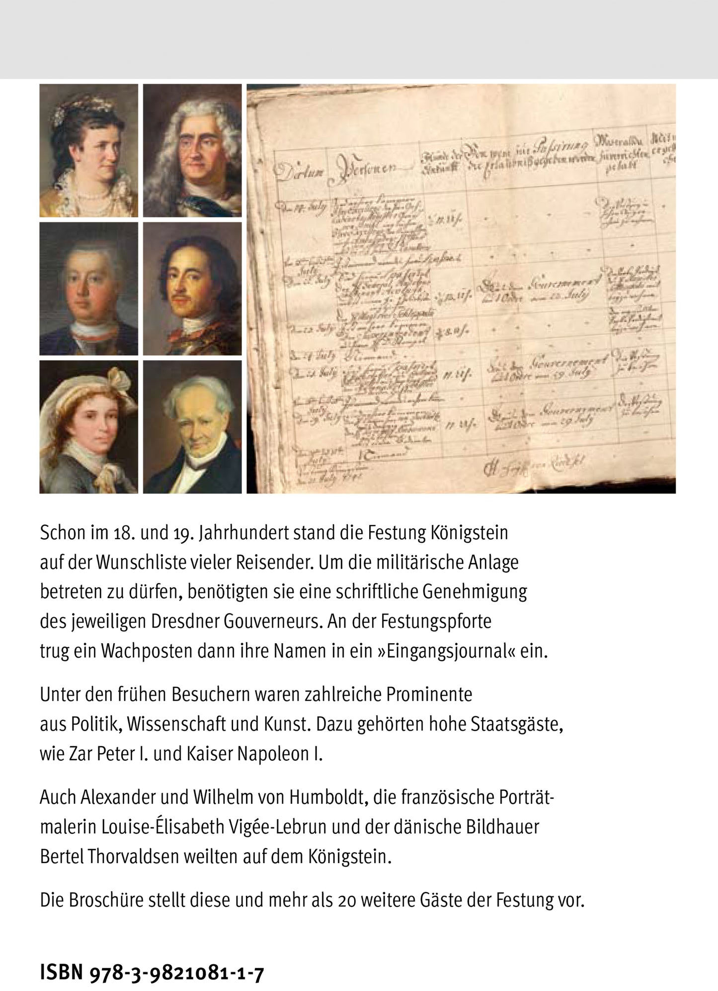 Begleitheft zur Sonderausstellung 2020: Hohe Gäste auf sachsens schönster Feste, Einband hinten: Porträts verschiedener Besucher und Register derer