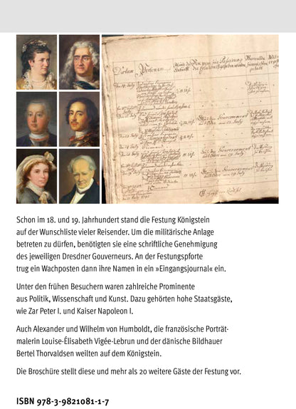 Begleitheft zur Sonderausstellung 2020: Hohe Gäste auf sachsens schönster Feste, Einband hinten: Porträts verschiedener Besucher und Register derer