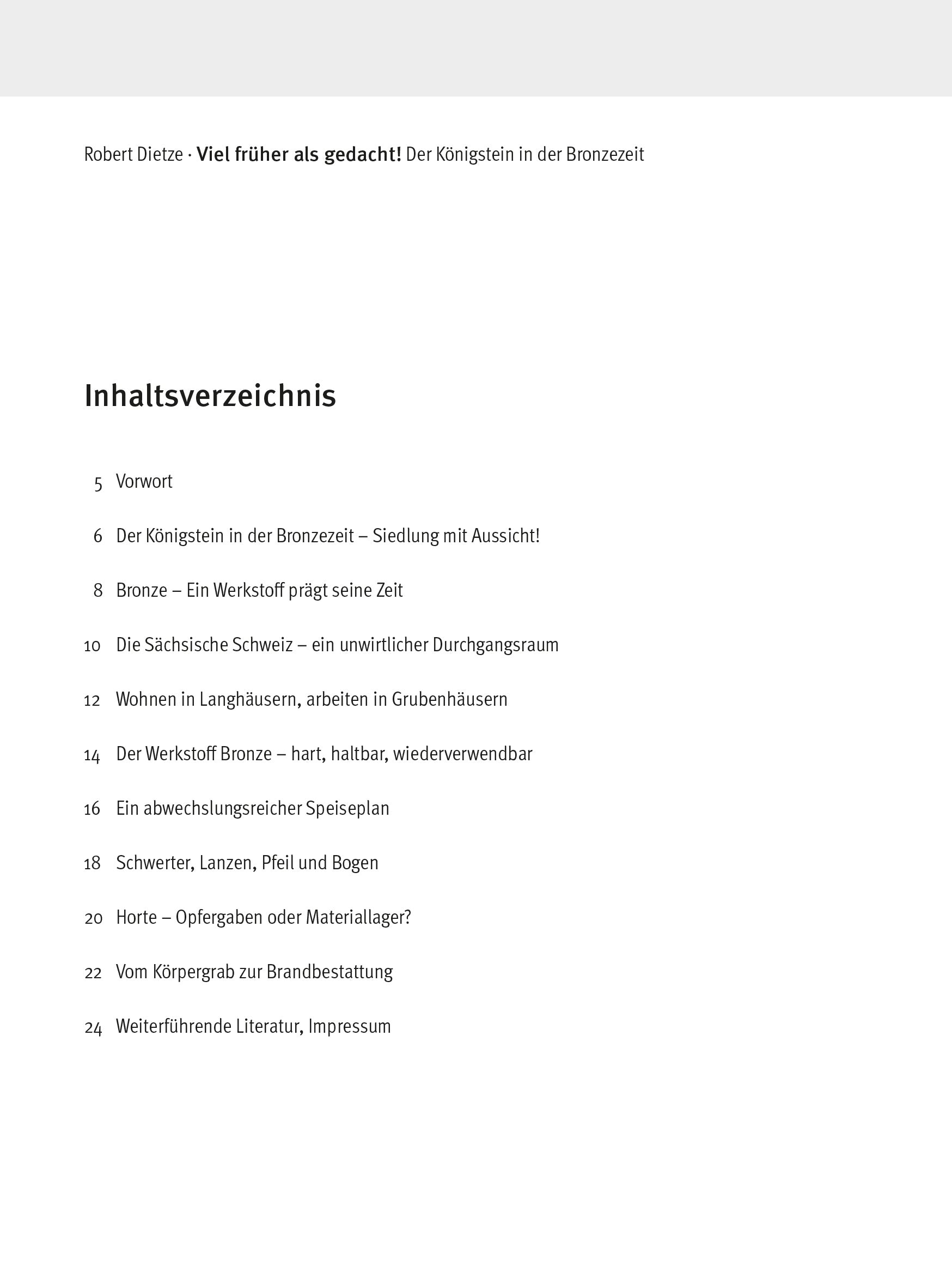 Begleitheft zur Sonderausstellung 2021: Der Königstein in der Bronzezeit, Inhaltsverzeichnis z.Bsp. Bronzezeit - Siedlung mit Aussicht