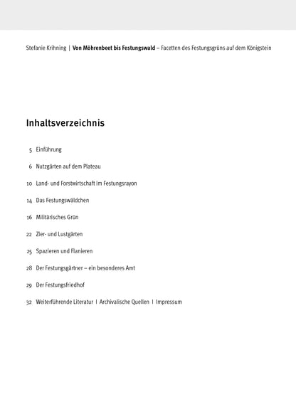 Begleitheft zur Sonderausstellung 2022: Von Möhrenbeet bis Festungswald, Inhaltsverzeichnis z.Bsp. Militärisches Grün, Der Festungsfriedhof