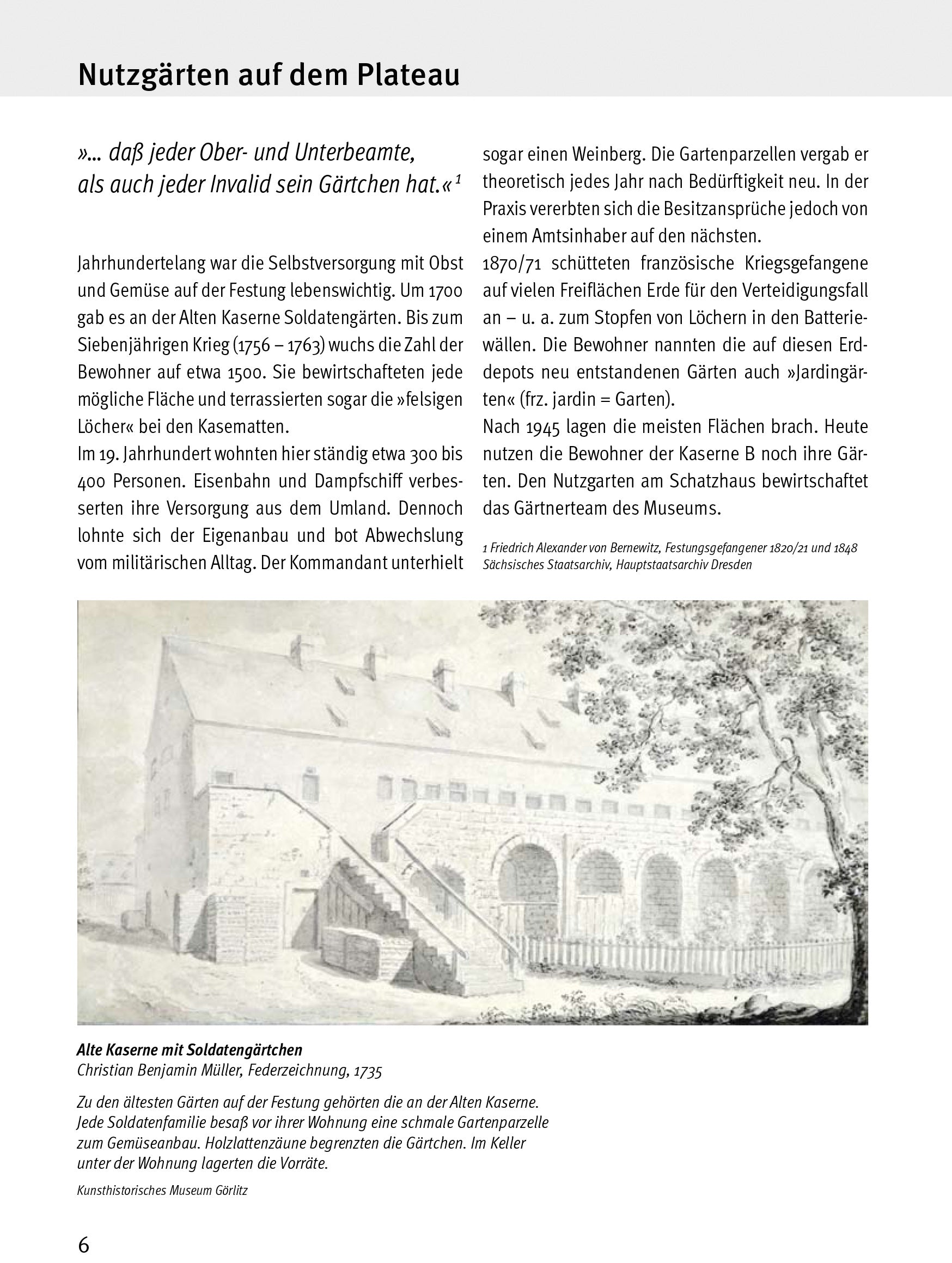 Begleitheft zur Sonderausstellung 2022: Von Möhrenbeet bis Festungswald, beschreibung von Nutzgärten auf dem Plateau, historisches Bild der alten Kaserne mit Soldatengärtchen