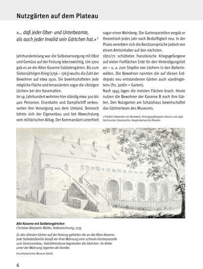 Begleitheft zur Sonderausstellung 2022: Von Möhrenbeet bis Festungswald, beschreibung von Nutzgärten auf dem Plateau, historisches Bild der alten Kaserne mit Soldatengärtchen