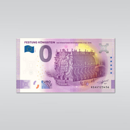 0-Euro Schein, Design des 500 Scheins,
vorn: Riesenweinfass, Europaflagge, Schrift: Festung Königstein Das Königsteiner Riesenweinfass