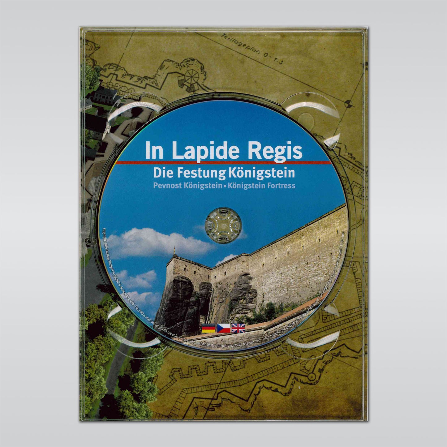 DVD In Lapide Regis in Hülle liegend, im Hintergrund historischer Festungsplan, auf DVD gleiches Bild wie auf Deckel