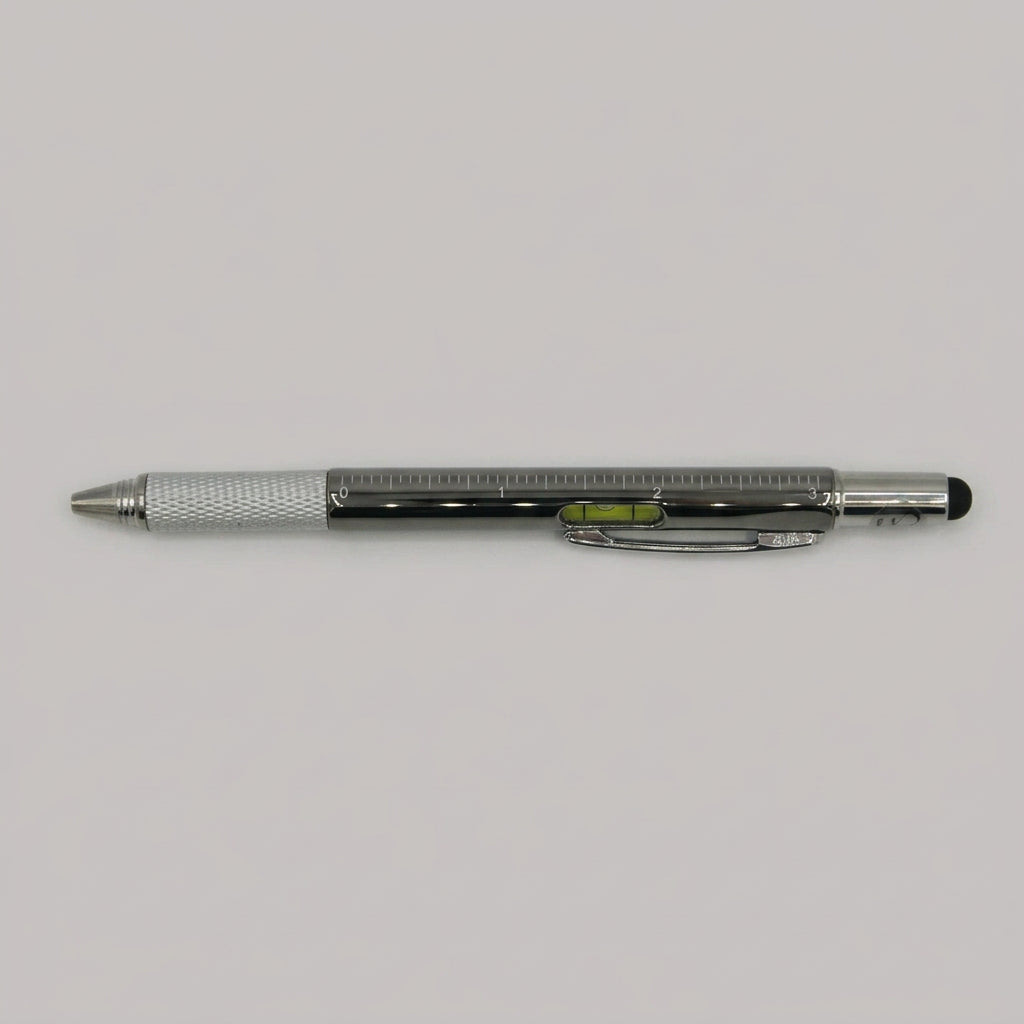 Kugelschreiber, silber-anthrazit, Lineal-Skala und Wasserwaage, Touch-Pen am oberen Ende