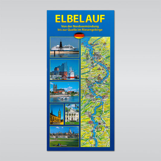 Karte vom Verlauf der Elbe, Front-Einband mit Bildern von verschiedenen möglichen Haltepunkten auf oberer Hälfte des Plans, sowie diesen im Miniformat