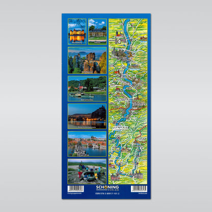 Karte vom Verlauf der Elbe, Rück-Einband mit Bildern von verschiedenen möglichen Haltepunkten der unteren Hälfte des Plans, sowie diese im Miniformat