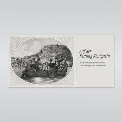 Klappkarte, historisches Bild mit 7 Personen in Boot auf Elbe, einer spielt Klampfe einer singt, im Hintergrund Stadt Königstein, dahinter Festung Königstein