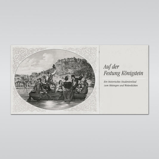 Klappkarte, historisches Bild mit 7 Personen in Boot auf Elbe, einer spielt Klampfe einer singt, im Hintergrund Stadt Königstein, dahinter Festung Königstein