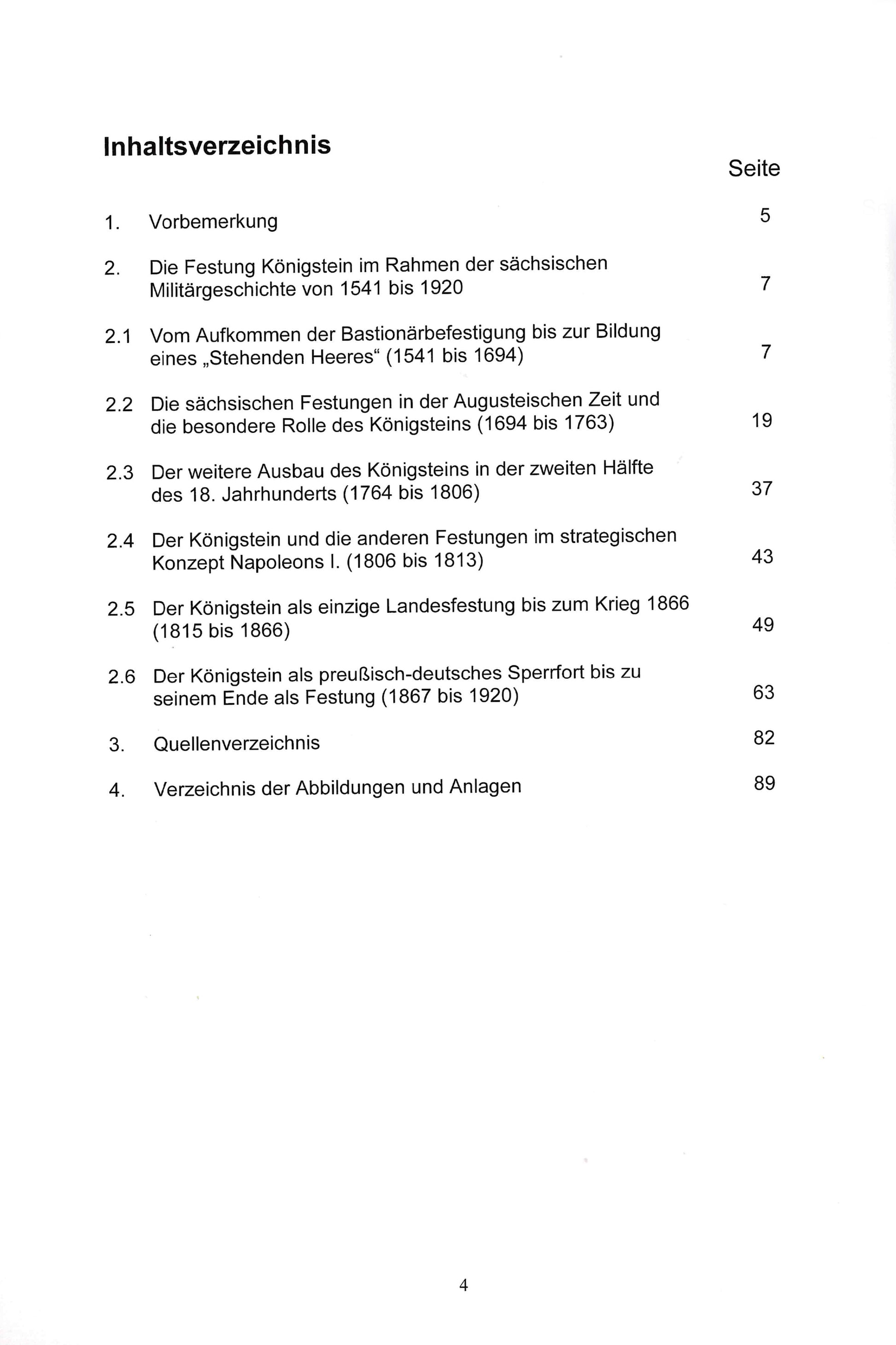 Sonderheft Mitteilungsblatt des Festungsvereins Königstein e.V.: Inhaltsverzeichnis z.Bsp. vom Aufkommen der Bastionärbefestigung bis zur Bildung eines "stehenden Heeres"