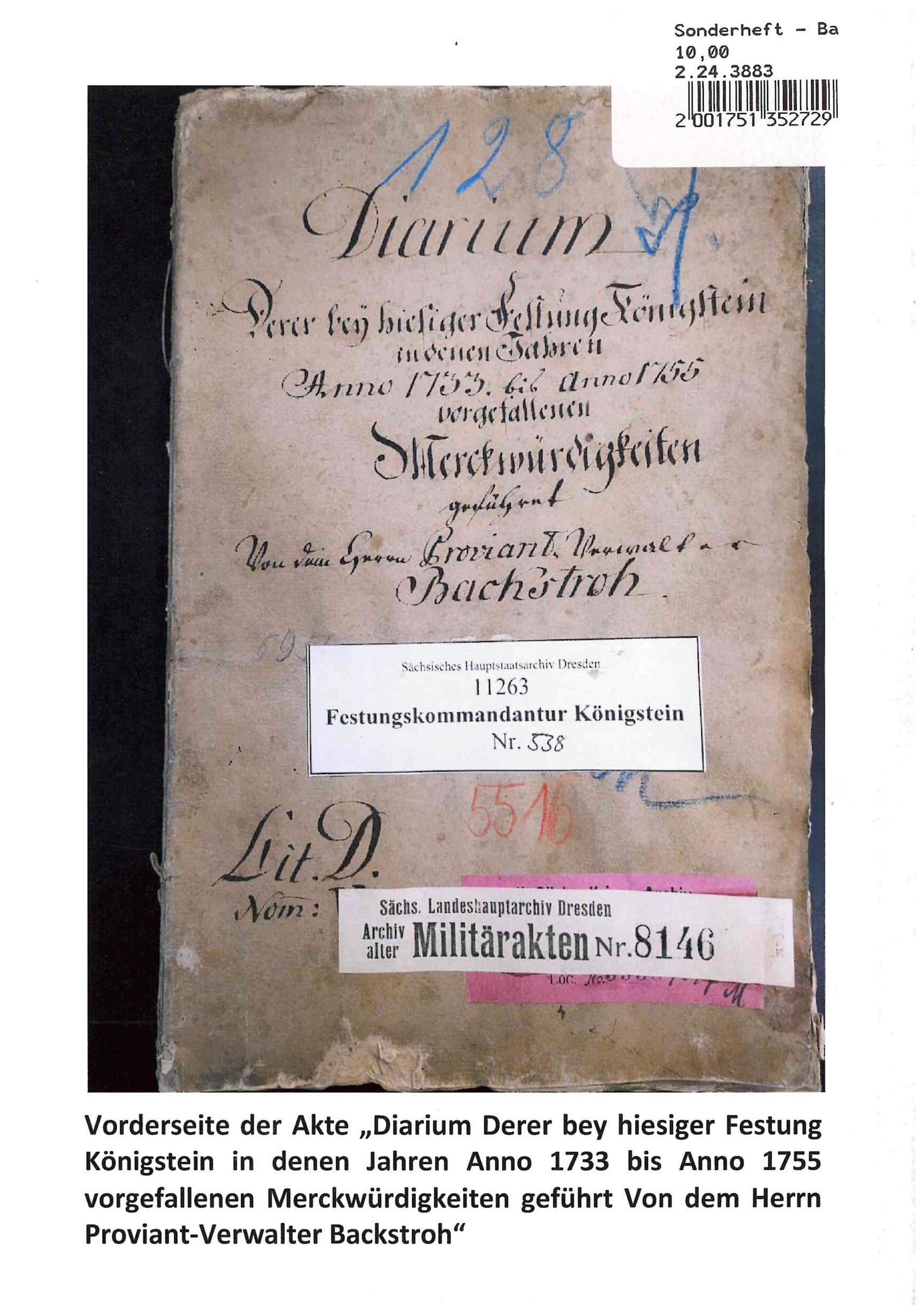 Sonderheft Mitteilungsblatt des Festungsvereins Königstein e.V.: Einband hinten mit Register der vorgefallenen Merkwürdgkeiten von 1733 bis 1755