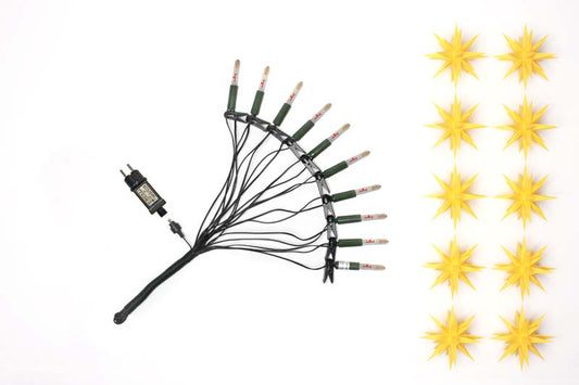 Herrnhuter Lichterkette, 10 Lampen mit 10 Sternen aus Kunststoff (13 cm) zum aufstecken, gelb