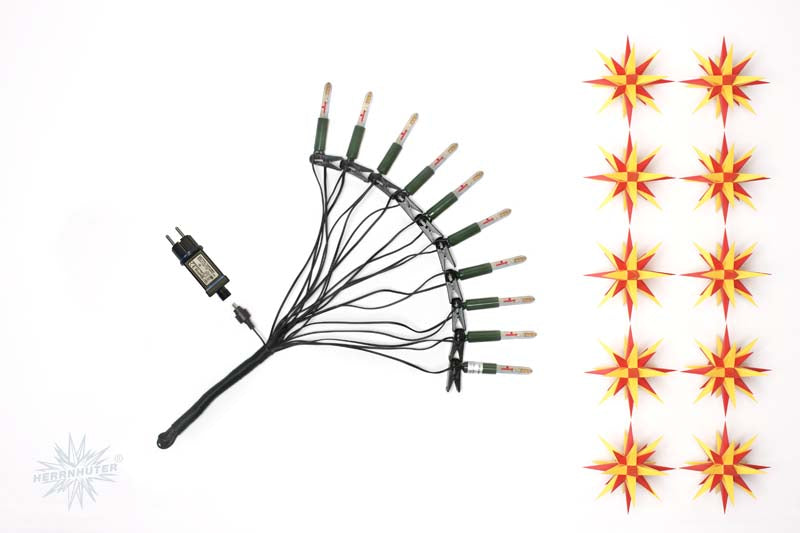 Herrnhuter Lichterkette, 10 Lampen mit 10 Sternen aus Kunststoff (13 cm) zum aufstecken, gelb/rot
