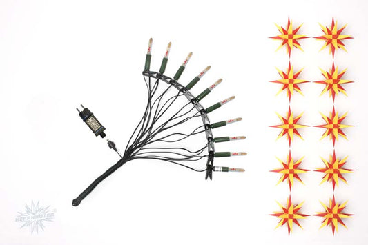 Herrnhuter Lichterkette, 10 Lampen mit 10 Sternen aus Kunststoff (13 cm) zum aufstecken, gelb/rot