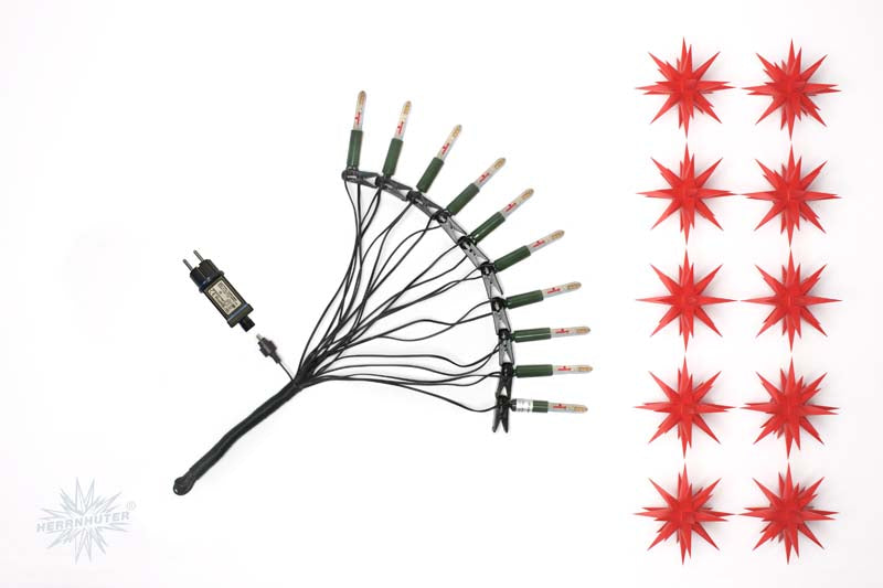 Herrnhuter Lichterkette, 10 Lampen mit 10 Sternen aus Kunststoff (13 cm) zum aufstecken, rot
