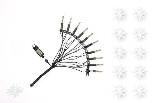 Herrnhuter Lichterkette, 10 Lampen mit 10 Sternen aus Kunststoff (13 cm) zum aufstecken, weiß