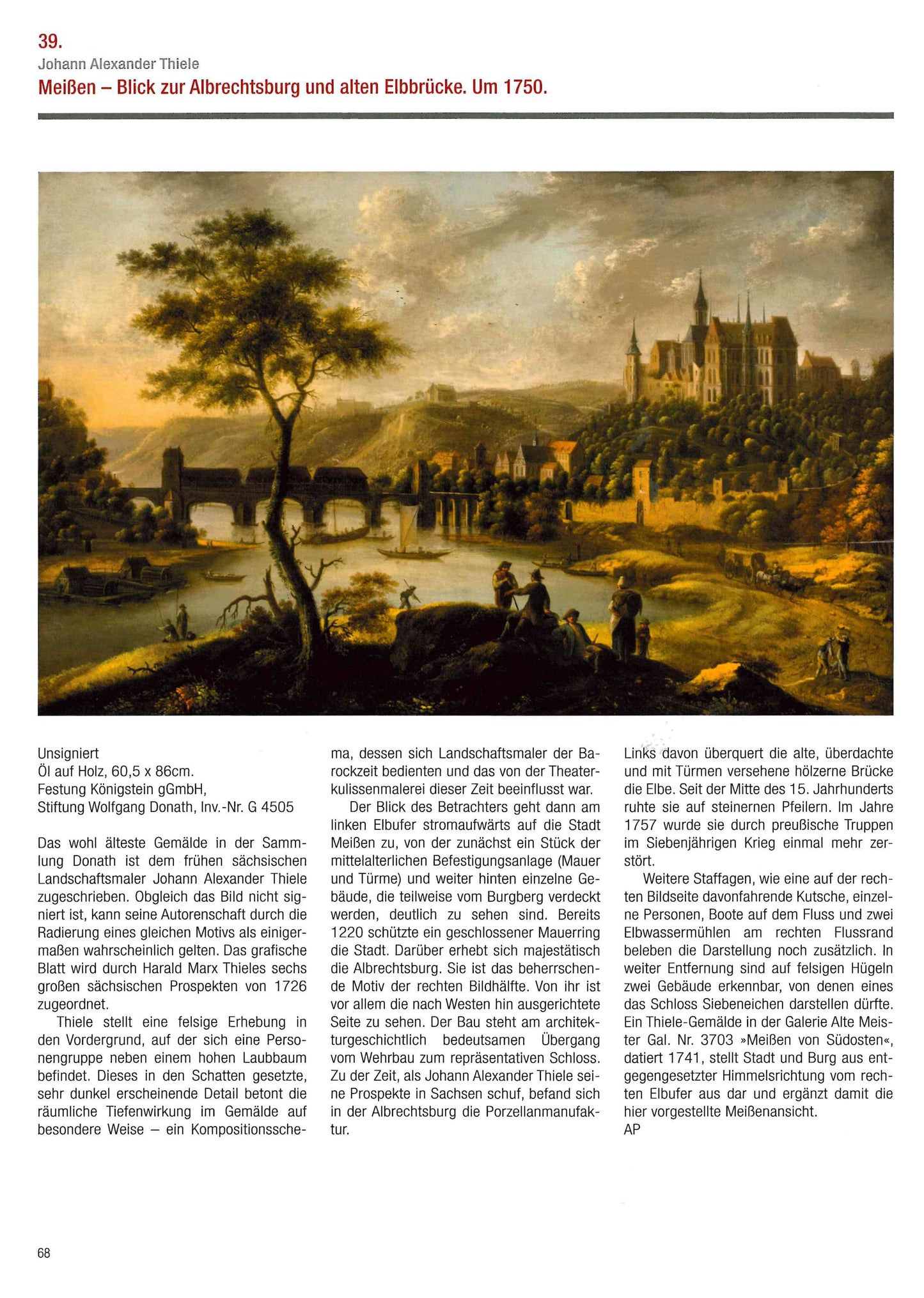 Ausstellungskatalog: Entlang der Elbe, Gemälde von Johann Alexander Thiele mit Erklärung: Meißen - Blick zur Albrechtsburg und alten Elbbrücke 1750