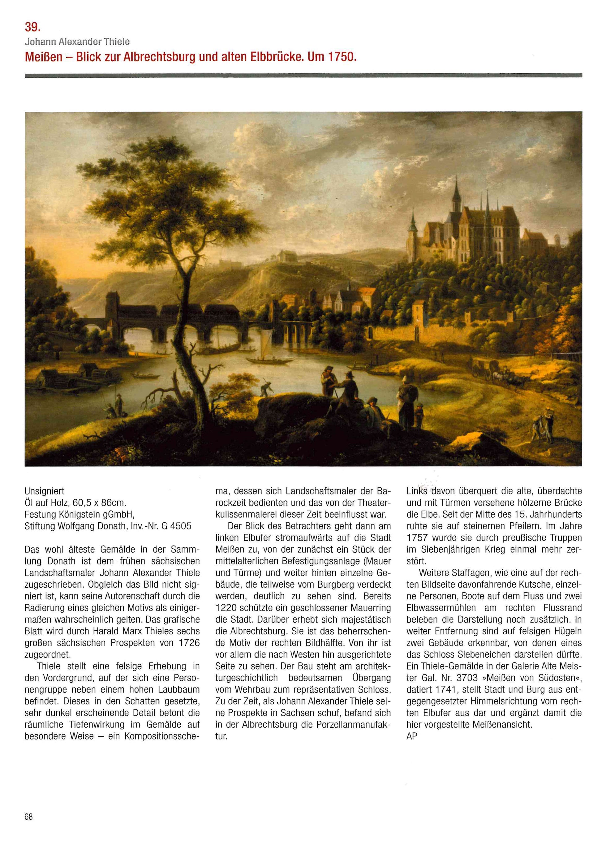 Ausstellungskatalog: Entlang der Elbe, Gemälde von Johann Alexander Thiele mit Erklärung: Meißen - Blick zur Albrechtsburg und alten Elbbrücke 1750