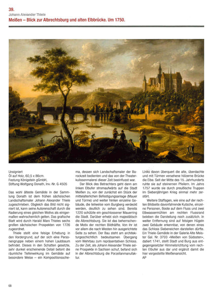 Ausstellungskatalog: Entlang der Elbe, Gemälde von Johann Alexander Thiele mit Erklärung: Meißen - Blick zur Albrechtsburg und alten Elbbrücke 1750